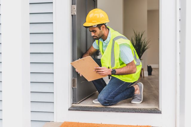 a person with a clipboard inspecting a doorframe