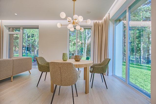 The modern interior of a dining room.