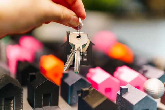 miniature houses and a hand holding keys